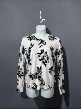 Melrose Chic, Floral Cardigan, White Black Lightweight Button Front, XL